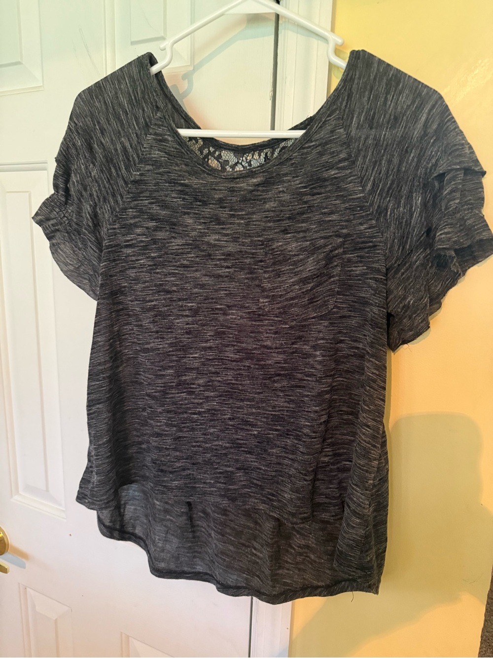 Selena Gomez Heathered Black Short-Sleeve Tee with Lace Accent
